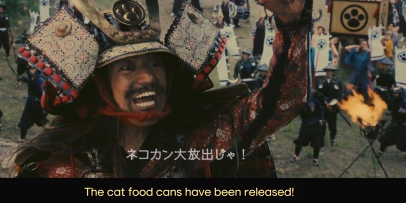 A cinematic shot of a samurai reacting dramatically to the release of cat food cans.
