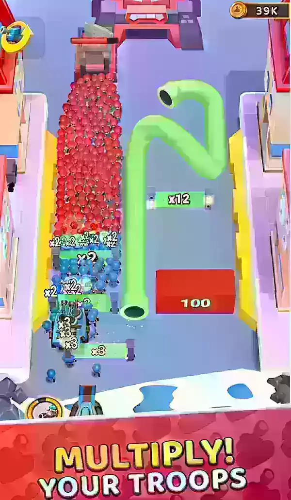 Grunt Rush screenshot showing blue units making their way through multiplier gates.