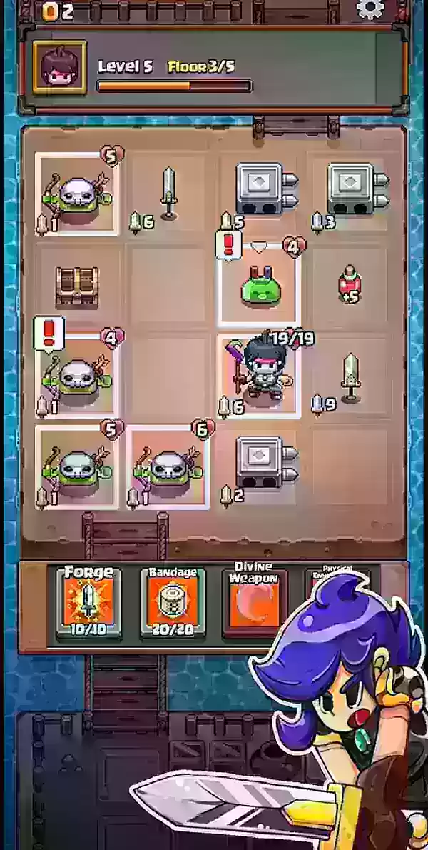 A screenshot of Grid Expedition showing a blue-haired animesque warrior over a grid-based battle playing out in the background