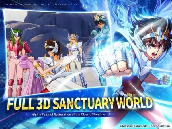 3D bir ara sahne ekran görüntüsü ve Aziz Seiya'nın kameraya yumruk atmak üzere olduğu bir sahne.