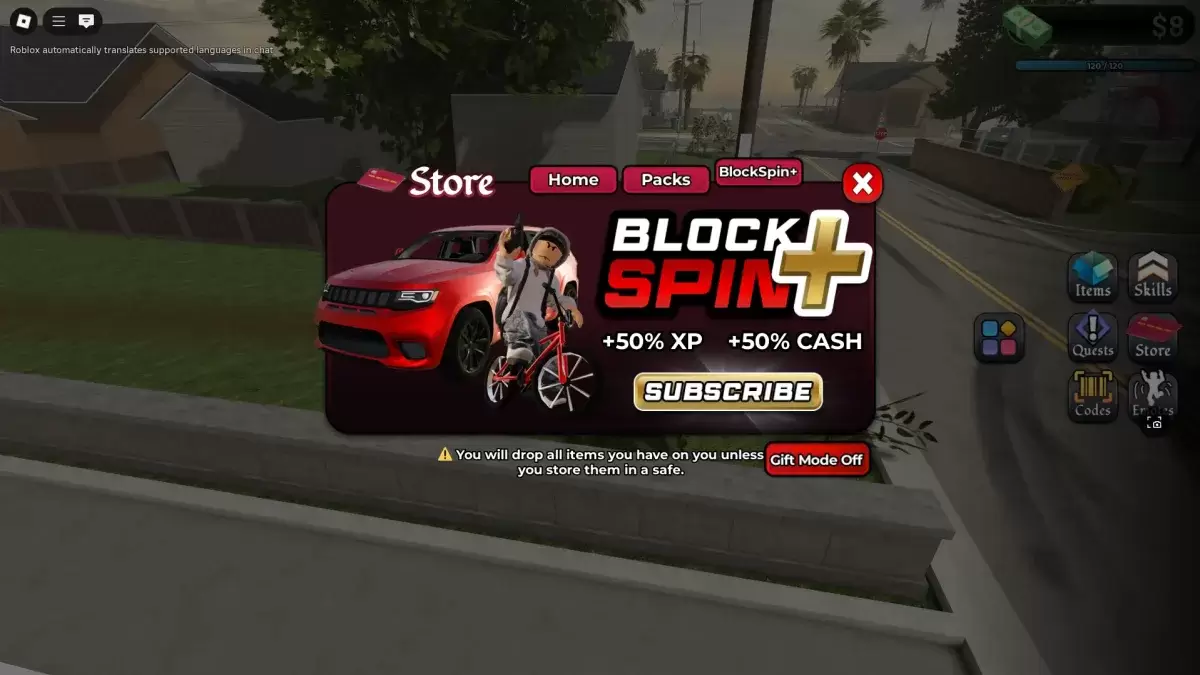 Ein Spieler, der mit dem Store -Menü interagiert, um Blockspin Plus Battlepass zu erhalten