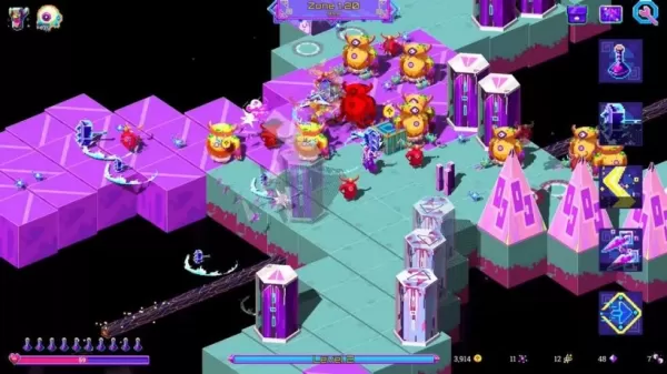 a colorful, isometric scene with various cartoon-like monsters, robots, and obstacles on a purple and turquoise platform