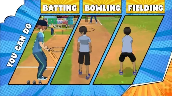 Ein Screenshot des Gameplays in Gully -Banden: Street Cricket zeigt Schläge, Bowling und Feld in Aktion